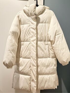 Amazon Essentials Oversized Off-White Long Puffer Coat with Hood EC Sz XS